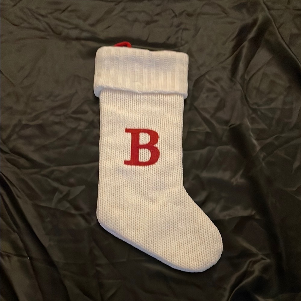 White Christmas Stocking with Red Initial B
